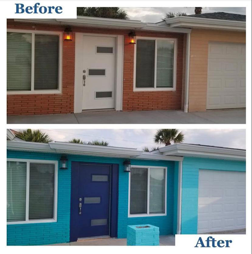 Before and after repaint of a home's front entry, from terracotta brick to turquoise with a navy front door