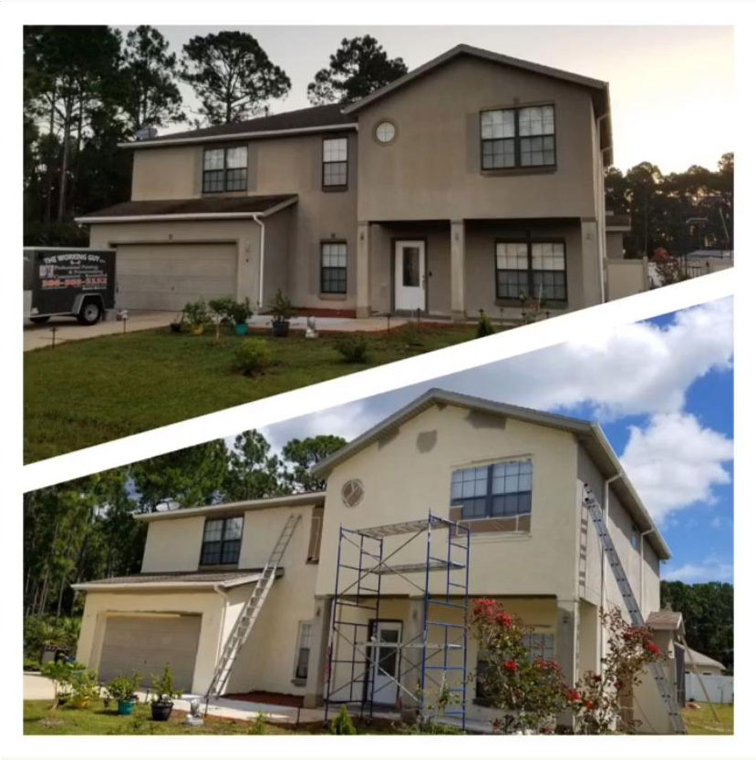 Before and after exterior repaint of a two-story Palm Coast area home, with TWG's own service trailer parked in the driveway