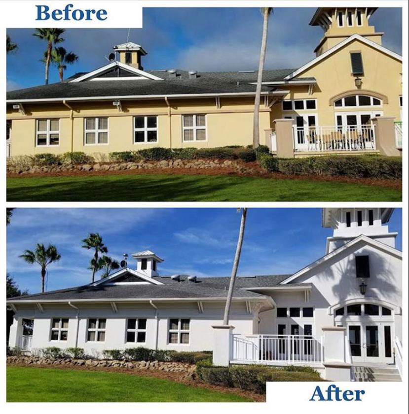 Before and after repaint of a commercial clubhouse building, from yellow to white