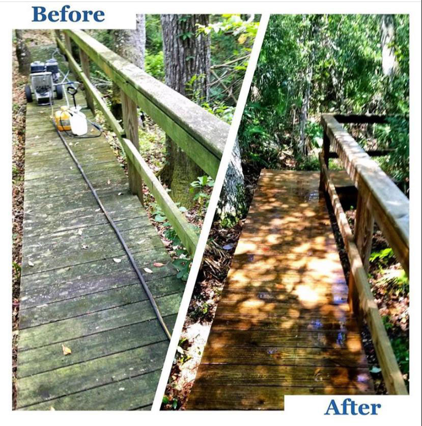 Before and after power washing of a wooden boardwalk, removing years of algae and grime buildup